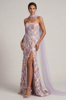 Laden Sie das Bild in den Galerie-Viewer, Hellviolette, florale Meerjungfrau, trägerloses, langes Mutter-der-Braut-Kleid mit Schlitz