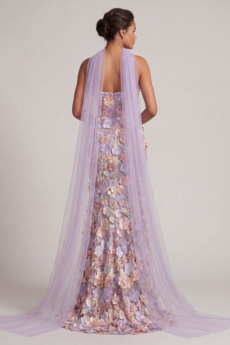 Laden Sie das Bild in den Galerie-Viewer, Hellviolette, florale Meerjungfrau, trägerloses, langes Mutter-der-Braut-Kleid mit Schlitz