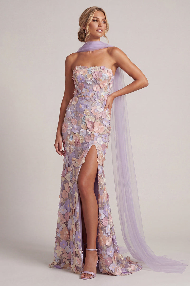 Laden Sie das Bild in den Galerie-Viewer, Hellviolette, florale Meerjungfrau, trägerloses, langes Mutter-der-Braut-Kleid mit Schlitz