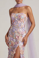 Laden Sie das Bild in den Galerie-Viewer, Hellviolette, florale Meerjungfrau, trägerloses, langes Mutter-der-Braut-Kleid mit Schlitz