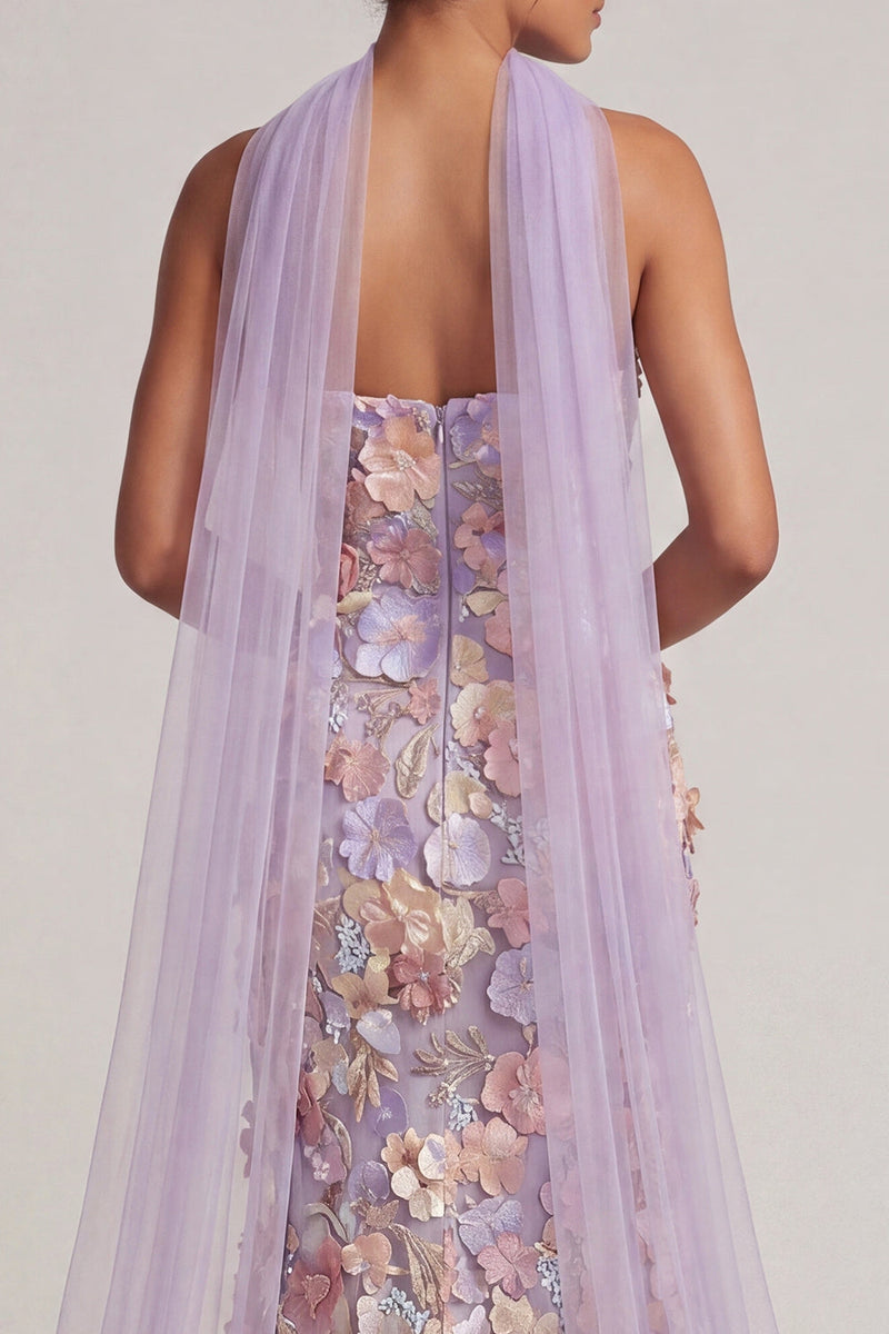 Laden Sie das Bild in den Galerie-Viewer, Hellviolette, florale Meerjungfrau, trägerloses, langes Mutter-der-Braut-Kleid mit Schlitz