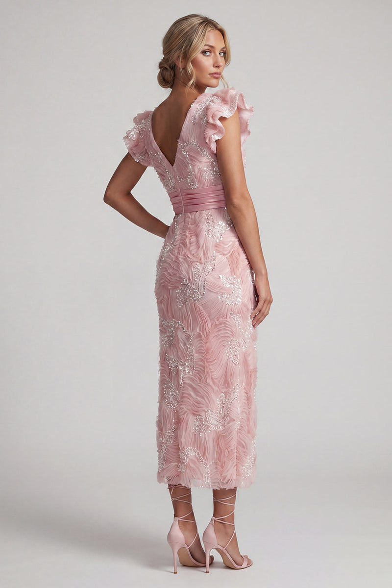 Laden Sie das Bild in den Galerie-Viewer, Glitzernde Rouge-Hülle mit V-Ausschnitt und langem Mutter-der-Braut-Kleid mit Rüschen