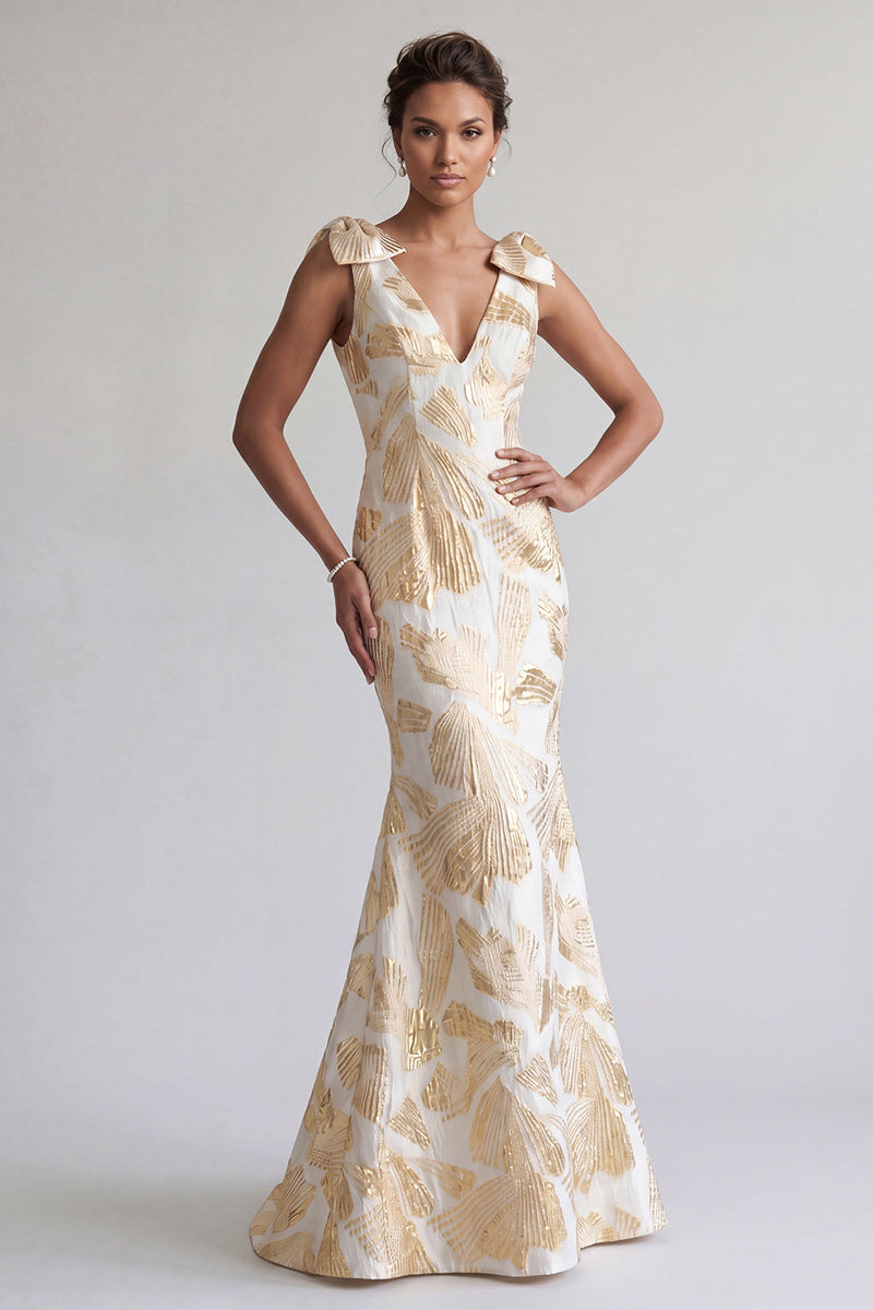 Laden Sie das Bild in den Galerie-Viewer, Glitzerndes Champagner-Langblumiges Meerjungfrauen-Kleid Mutter der Braut mit Schleifen