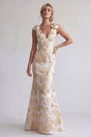 Laden Sie das Bild in den Galerie-Viewer, Glitzerndes Champagner-Langblumiges Meerjungfrauen-Kleid Mutter der Braut mit Schleifen