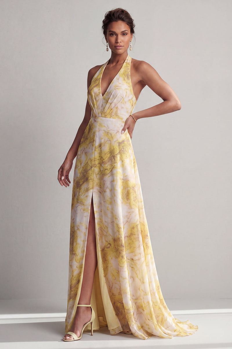 Laden Sie das Bild in den Galerie-Viewer, Halter: Ein langes gelbes, floralt bedrucktes Mutter-der-Braut-Kleid mit Schlitz