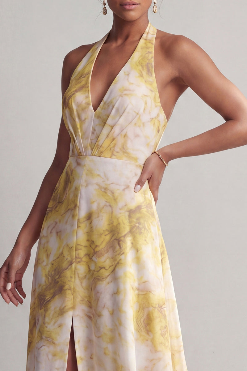 Laden Sie das Bild in den Galerie-Viewer, Halter: Ein langes gelbes, floralt bedrucktes Mutter-der-Braut-Kleid mit Schlitz