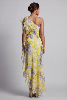 Gelbes Blumen-Meerjungfrauenkleid mit langgedrucktem Mutter-der-Braut-Kleidung und Rüschen