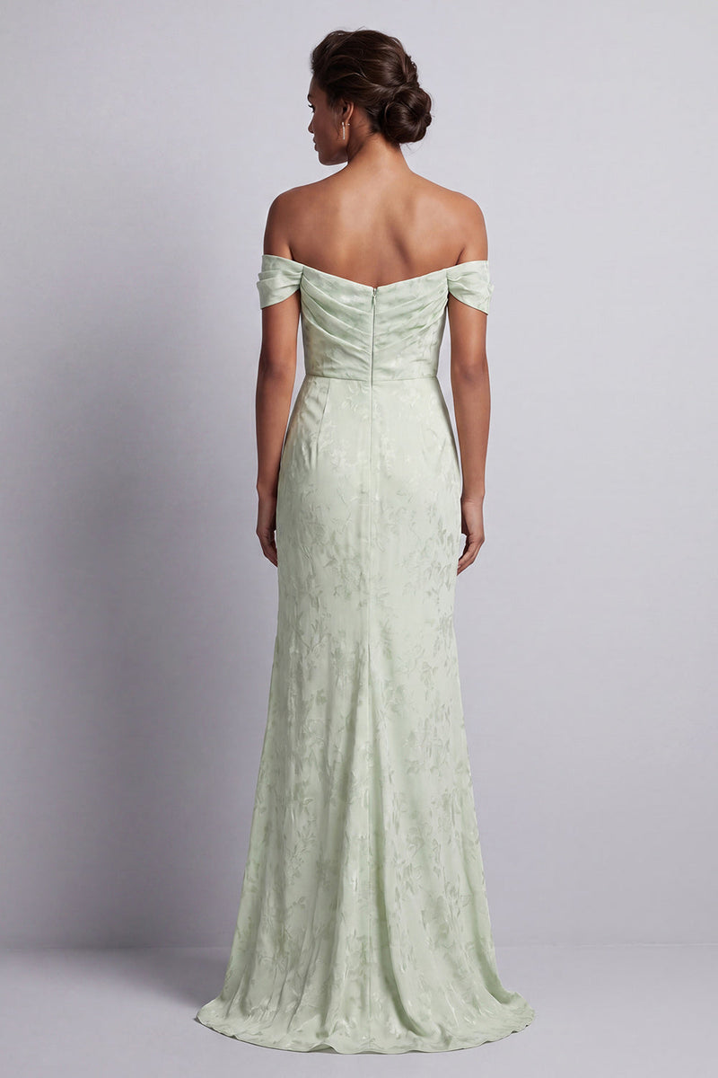 Laden Sie das Bild in den Galerie-Viewer, Hellgrünes, gerafftes, langes Meerjungfrauen-Blumenkleid Mutter der Braut mit Schlitz