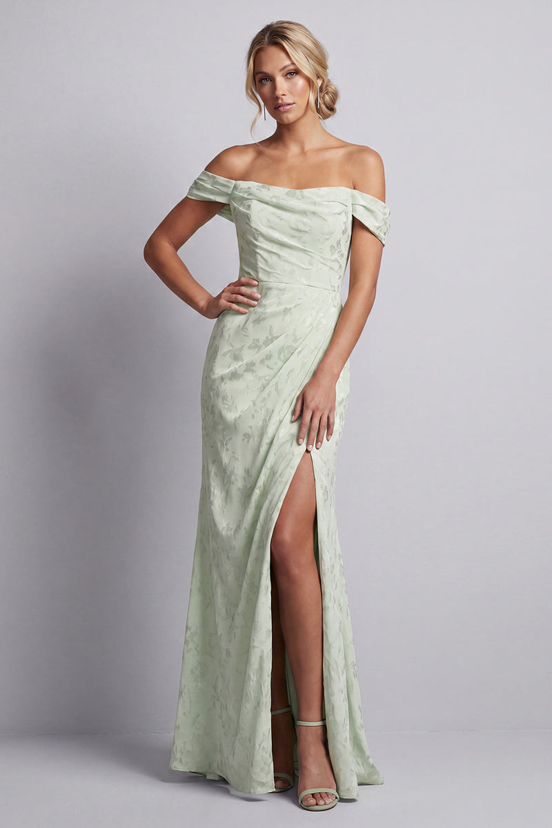 Laden Sie das Bild in den Galerie-Viewer, Hellgrünes, gerafftes, langes Meerjungfrauen-Blumenkleid Mutter der Braut mit Schlitz
