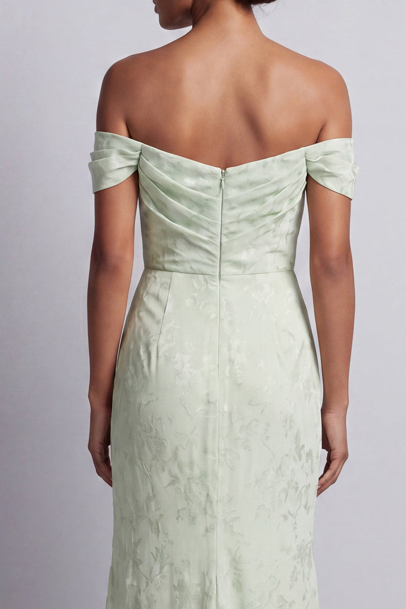 Laden Sie das Bild in den Galerie-Viewer, Hellgrünes, gerafftes, langes Meerjungfrauen-Blumenkleid Mutter der Braut mit Schlitz