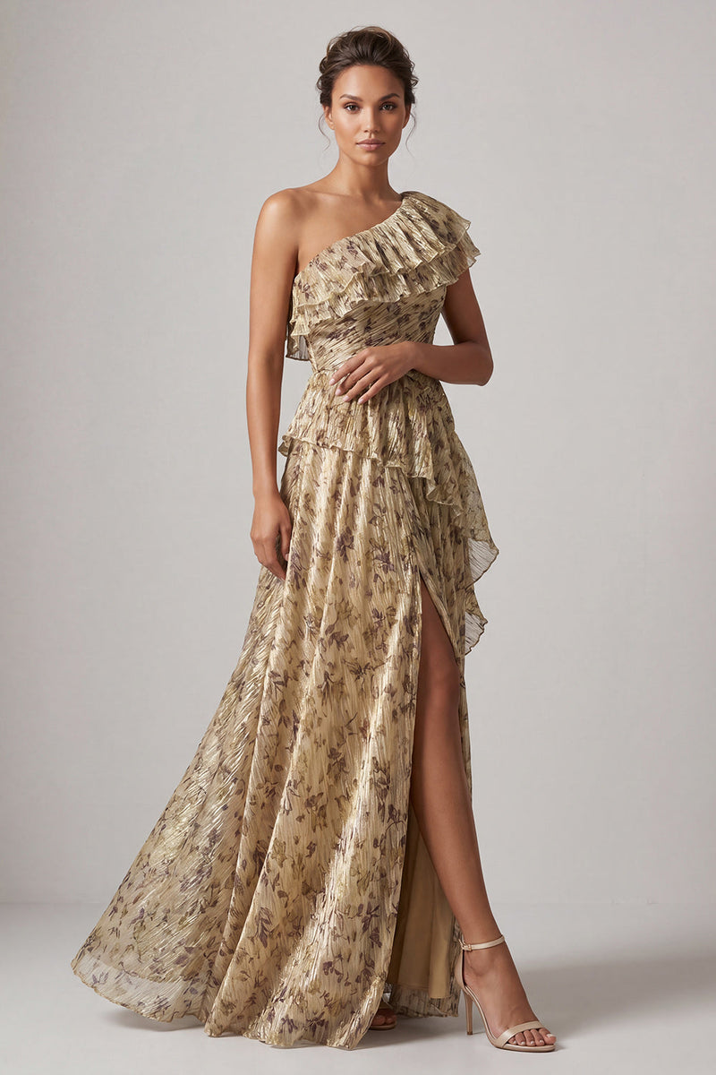 Laden Sie das Bild in den Galerie-Viewer, Ein Schnitt aus champagnerlangem, blumigem Rüschenkleid mit Mutter der Braut und Schlitz