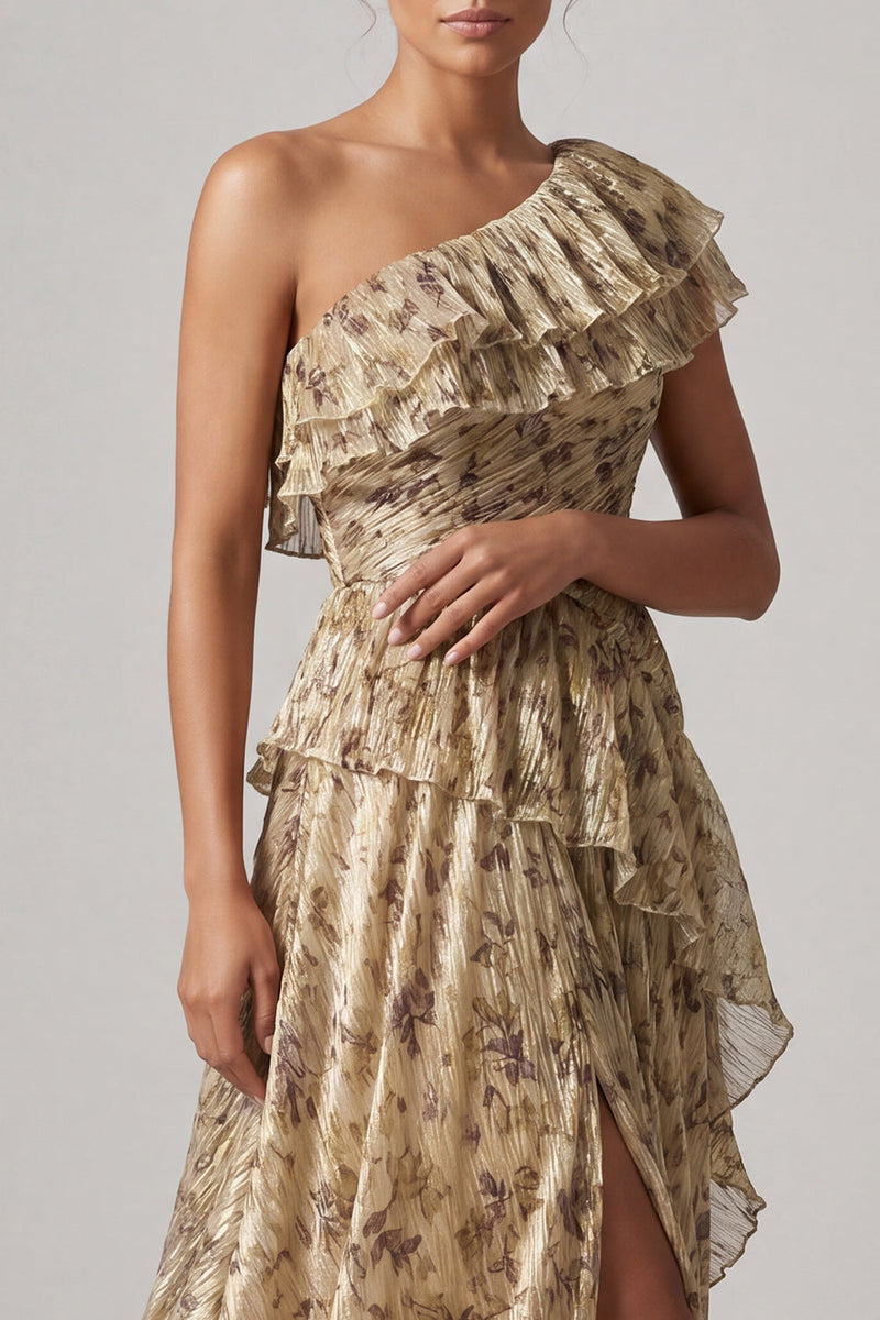 Laden Sie das Bild in den Galerie-Viewer, Ein Schnitt aus champagnerlangem, blumigem Rüschenkleid mit Mutter der Braut und Schlitz