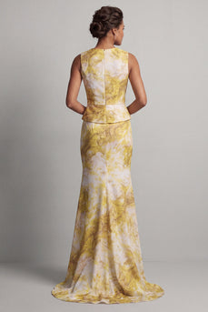 Blumenfarbenes Meerjungfrauen-Langgedrucktes gelbes Mutter-der-Braut-Kleid mit Schärpe