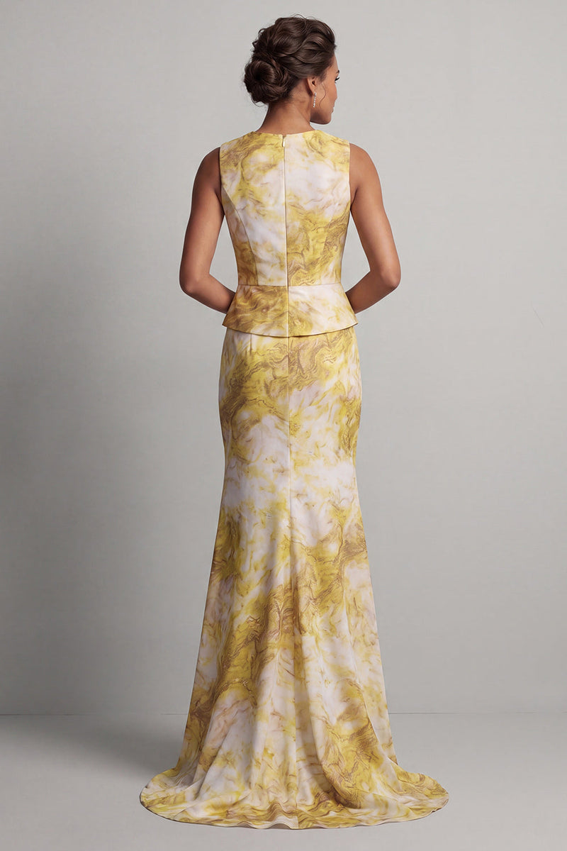 Laden Sie das Bild in den Galerie-Viewer, Blumenfarbenes Meerjungfrauen-Langgedrucktes gelbes Mutter-der-Braut-Kleid mit Schärpe