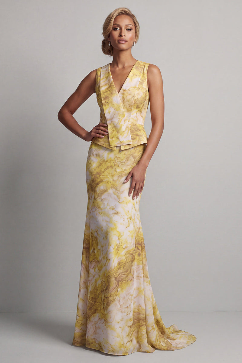 Laden Sie das Bild in den Galerie-Viewer, Blumenfarbenes Meerjungfrauen-Langgedrucktes gelbes Mutter-der-Braut-Kleid mit Schärpe