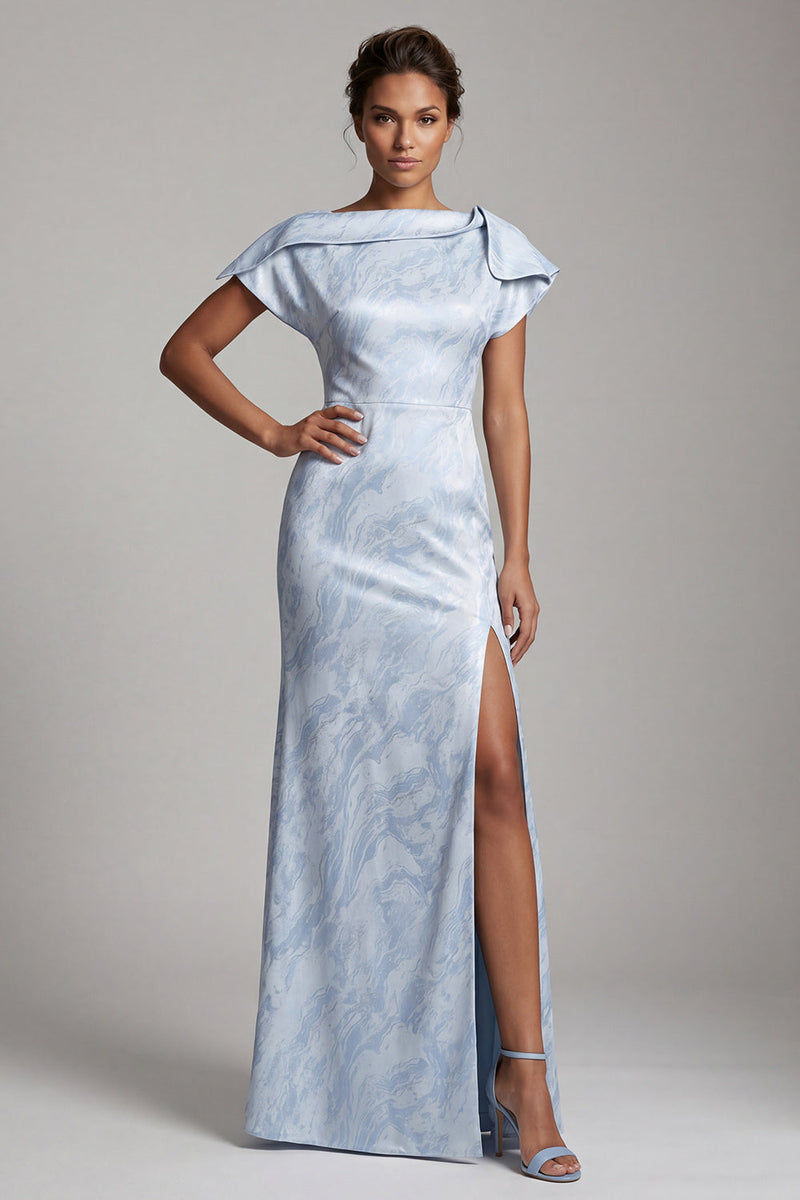 Laden Sie das Bild in den Galerie-Viewer, Meerjungfrauen-Himmelblau Blumen Langes, Mutter-der-Braut-Kleid mit Schlitz