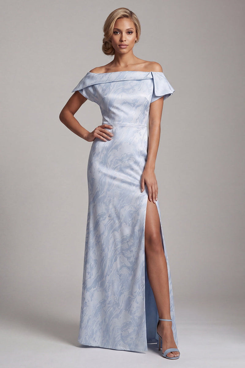 Laden Sie das Bild in den Galerie-Viewer, Meerjungfrauen-Himmelblau Blumen Langes, Mutter-der-Braut-Kleid mit Schlitz