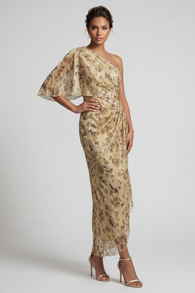 Laden Sie das Bild in den Galerie-Viewer, Langer, geblommiger Champagner, gerafftes Mutter-der-Braut-Kleid mit Seitenumhang