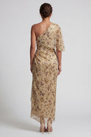 Laden Sie das Bild in den Galerie-Viewer, Langer, geblommiger Champagner, gerafftes Mutter-der-Braut-Kleid mit Seitenumhang