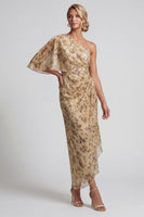 Laden Sie das Bild in den Galerie-Viewer, Langer, geblommiger Champagner, gerafftes Mutter-der-Braut-Kleid mit Seitenumhang