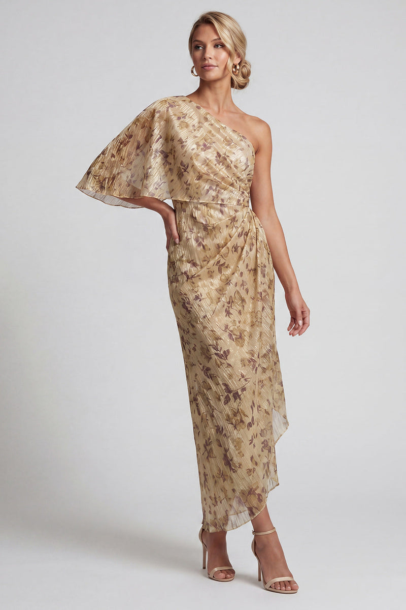 Laden Sie das Bild in den Galerie-Viewer, Langer, geblommiger Champagner, gerafftes Mutter-der-Braut-Kleid mit Seitenumhang