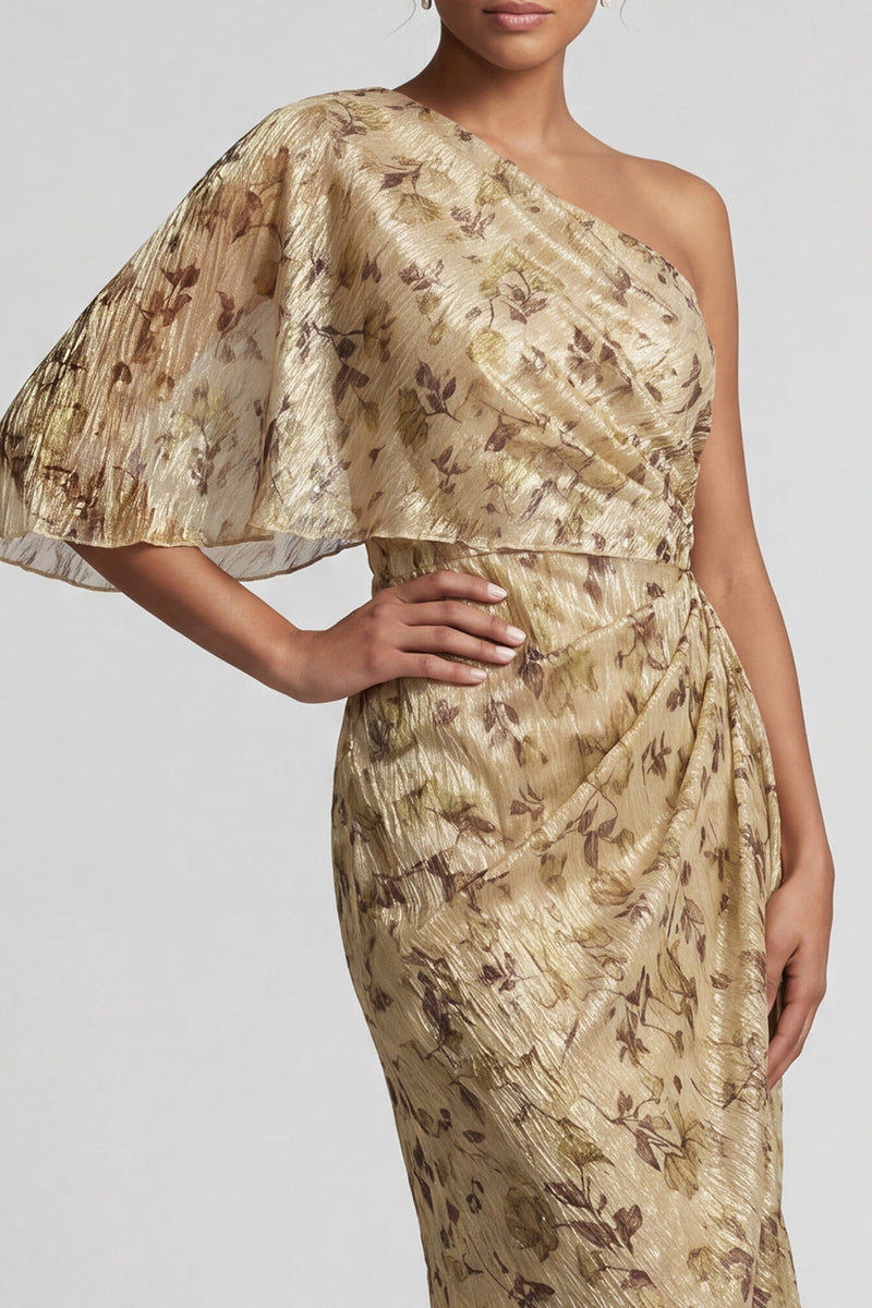 Laden Sie das Bild in den Galerie-Viewer, Langer, geblommiger Champagner, gerafftes Mutter-der-Braut-Kleid mit Seitenumhang