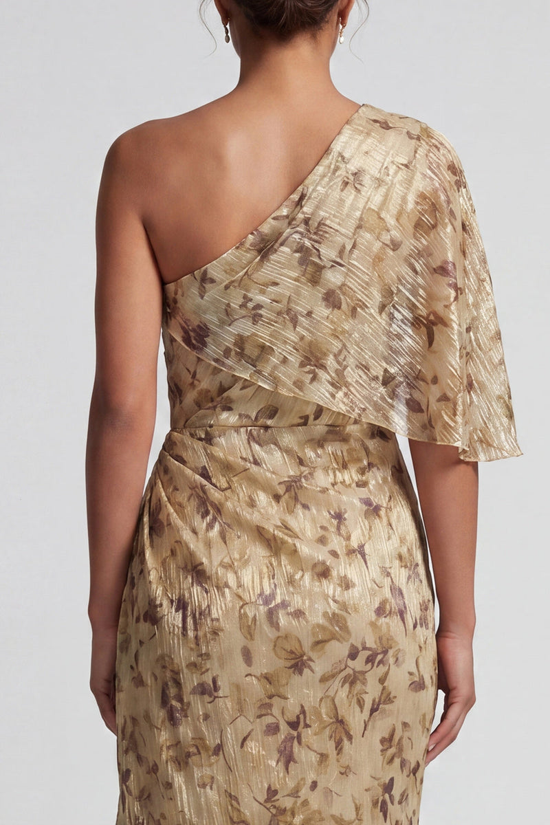 Laden Sie das Bild in den Galerie-Viewer, Langer, geblommiger Champagner, gerafftes Mutter-der-Braut-Kleid mit Seitenumhang