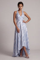 Laden Sie das Bild in den Galerie-Viewer, Halter Rückenfrei A Line Himmelblau Blumen hoch Niedrig Mutter der Braut Kleid