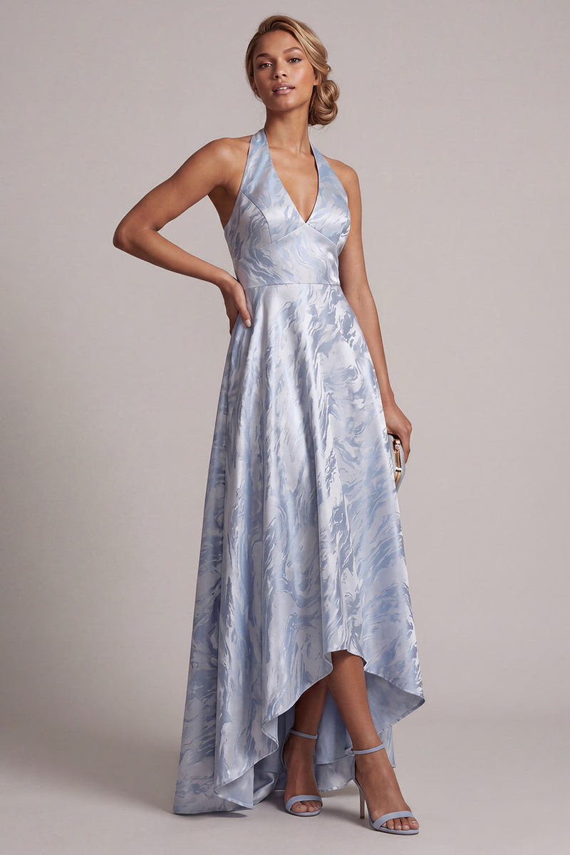 Laden Sie das Bild in den Galerie-Viewer, Halter Rückenfrei A Line Himmelblau Blumen hoch Niedrig Mutter der Braut Kleid
