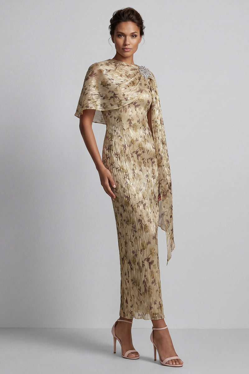 Laden Sie das Bild in den Galerie-Viewer, Champagnerperlen-Scheide lange Blumenkleid der Mutter der Braut mit Umhang