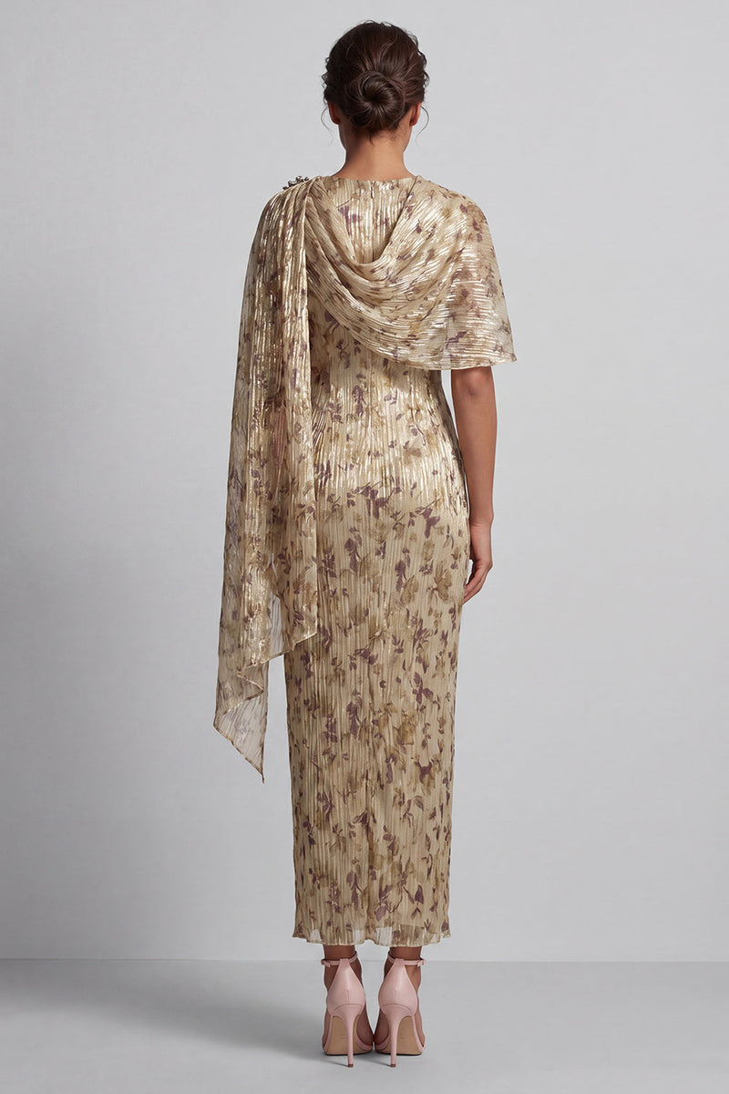 Laden Sie das Bild in den Galerie-Viewer, Champagnerperlen-Scheide lange Blumenkleid der Mutter der Braut mit Umhang