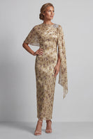 Laden Sie das Bild in den Galerie-Viewer, Champagnerperlen-Scheide lange Blumenkleid der Mutter der Braut mit Umhang