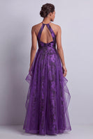 Laden Sie das Bild in den Galerie-Viewer, Halter Dunkelviolett Blumen lange A-Linie Mutter der Braut Kleid mit Rüschen