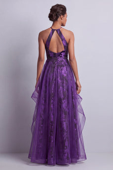 Halter Dunkelviolett Blumen lange A-Linie Mutter der Braut Kleid mit Rüschen