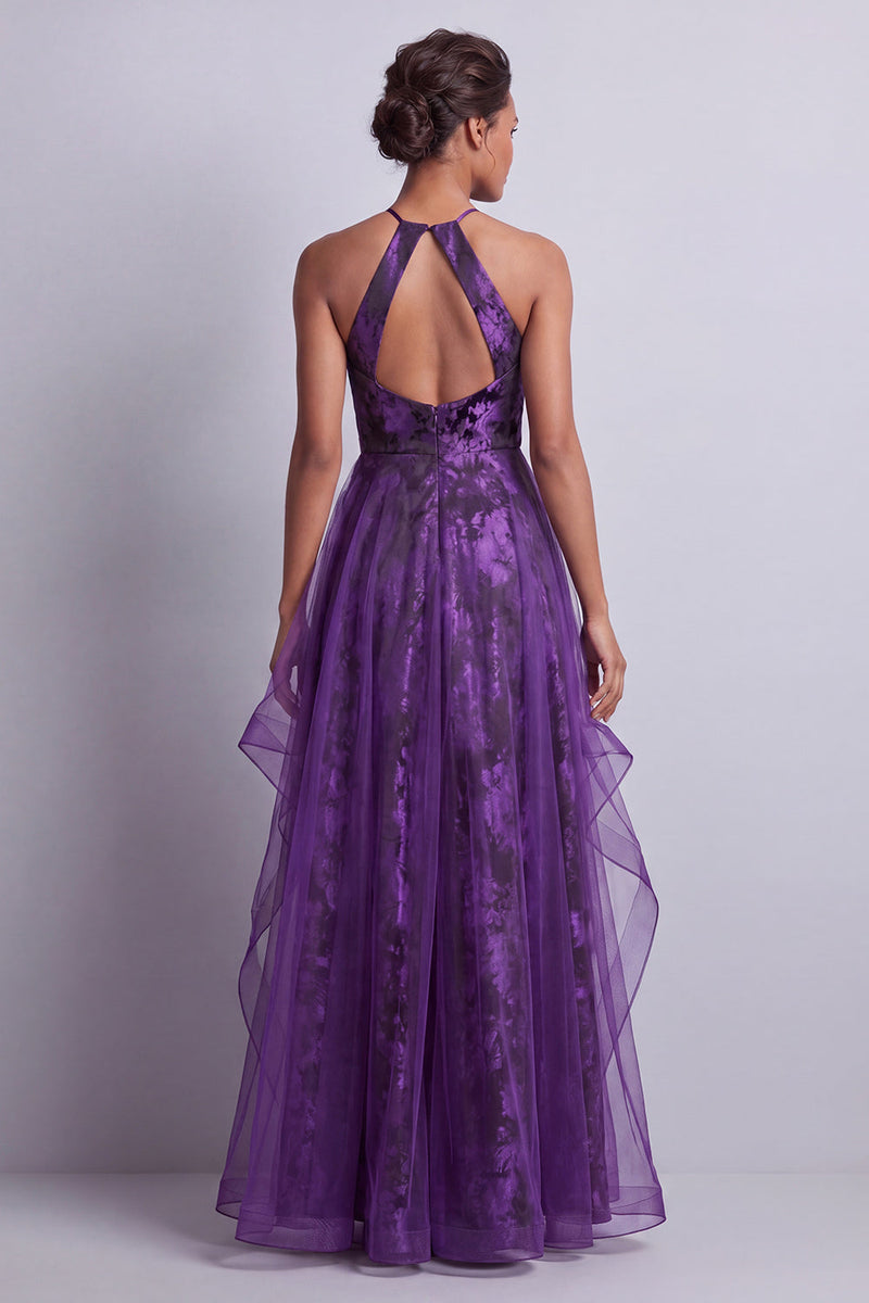 Laden Sie das Bild in den Galerie-Viewer, Halter Dunkelviolett Blumen lange A-Linie Mutter der Braut Kleid mit Rüschen