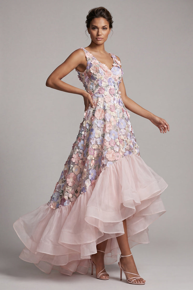 Laden Sie das Bild in den Galerie-Viewer, Ein Linien-Roush-Kleid mit hohem Blush und Blume mit V-Ausschnitt und Rüschen