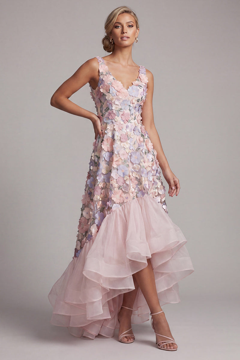 Laden Sie das Bild in den Galerie-Viewer, Ein Linien-Roush-Kleid mit hohem Blush und Blume mit V-Ausschnitt und Rüschen