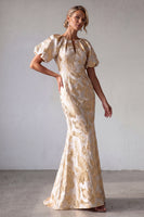 Laden Sie das Bild in den Galerie-Viewer, Champagner-Meerjungfrauen-Puffärmel-Bedruckung Mutter-der-Braut-Kleid