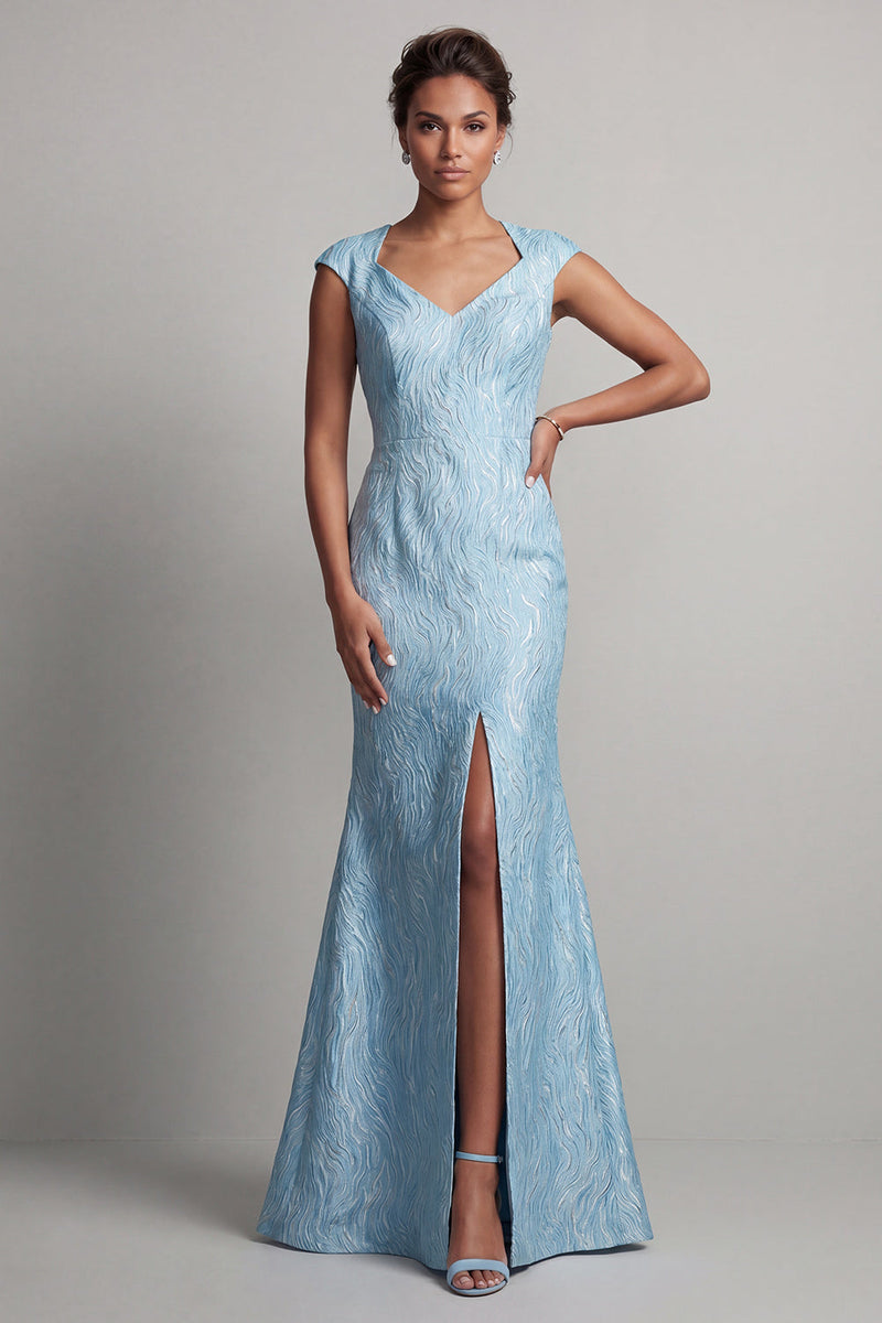 Laden Sie das Bild in den Galerie-Viewer, Blauer Meerjungfrauen-Kappenärmel Mutter-der-Braut-Kleid mit Schlitz