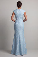 Laden Sie das Bild in den Galerie-Viewer, Blauer Meerjungfrauen-Kappenärmel Mutter-der-Braut-Kleid mit Schlitz