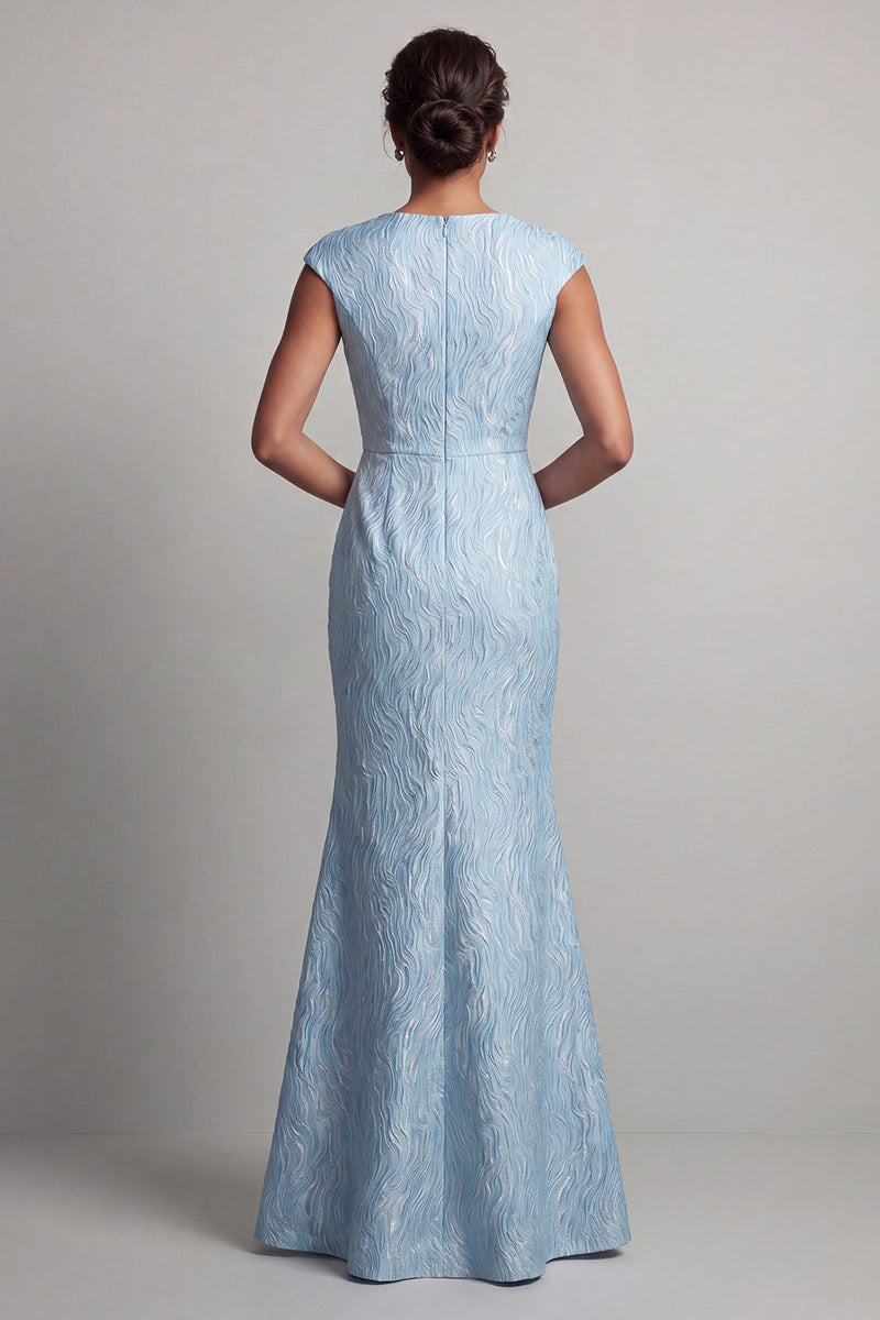 Laden Sie das Bild in den Galerie-Viewer, Blauer Meerjungfrauen-Kappenärmel Mutter-der-Braut-Kleid mit Schlitz