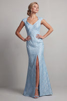 Laden Sie das Bild in den Galerie-Viewer, Blauer Meerjungfrauen-Kappenärmel Mutter-der-Braut-Kleid mit Schlitz