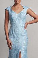 Laden Sie das Bild in den Galerie-Viewer, Blauer Meerjungfrauen-Kappenärmel Mutter-der-Braut-Kleid mit Schlitz