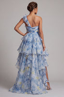Laden Sie das Bild in den Galerie-Viewer, Eine Schulter staubig blau Eine Linie mit Rüschen Mutter der Braut Kleid