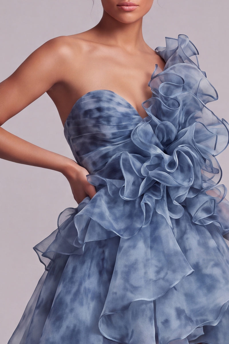 Laden Sie das Bild in den Galerie-Viewer, Eine Schulter Staubig blaues A-Linie mit Rüschen Mutter der Braut Kleid