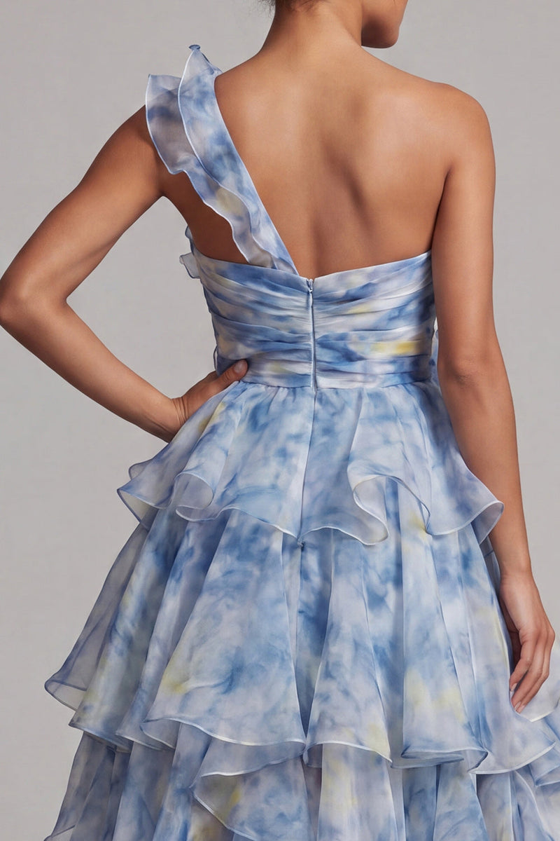Laden Sie das Bild in den Galerie-Viewer, Eine Schulter staubig blau Eine Linie mit Rüschen Mutter der Braut Kleid