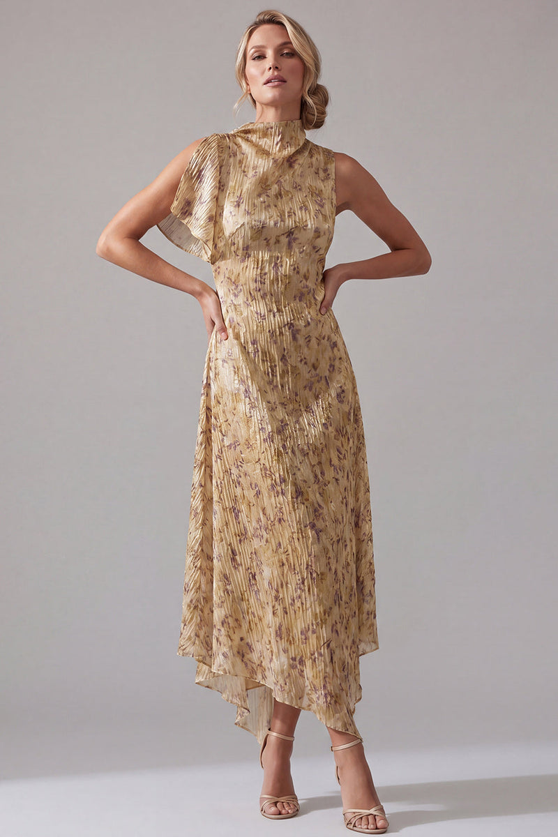 Laden Sie das Bild in den Galerie-Viewer, Hochhals mit A-Linie bedrucktes Champagnerkleid Mutter der Braut