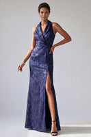 Laden Sie das Bild in den Galerie-Viewer, Neckholder-Meerjungfrau mit Spitzrevers Dunkellila Mutter-der-Braut-Kleid
