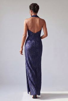 Neckholder-Meerjungfrau mit Spitzrevers Dunkellila Mutter-der-Braut-Kleid