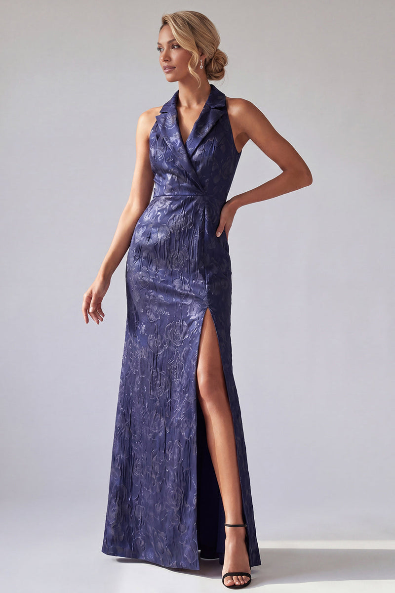 Laden Sie das Bild in den Galerie-Viewer, Neckholder-Meerjungfrau mit Spitzrevers Dunkellila Mutter-der-Braut-Kleid